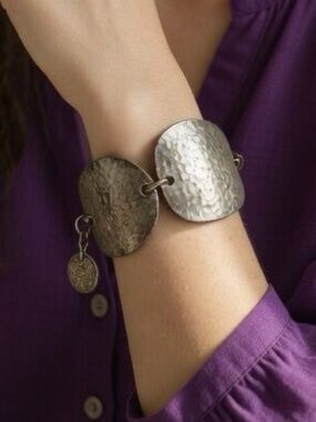 Vintage Ottoman Tibetan Turkish Round Coin Silver Hammered Bracelet J Hook Boho